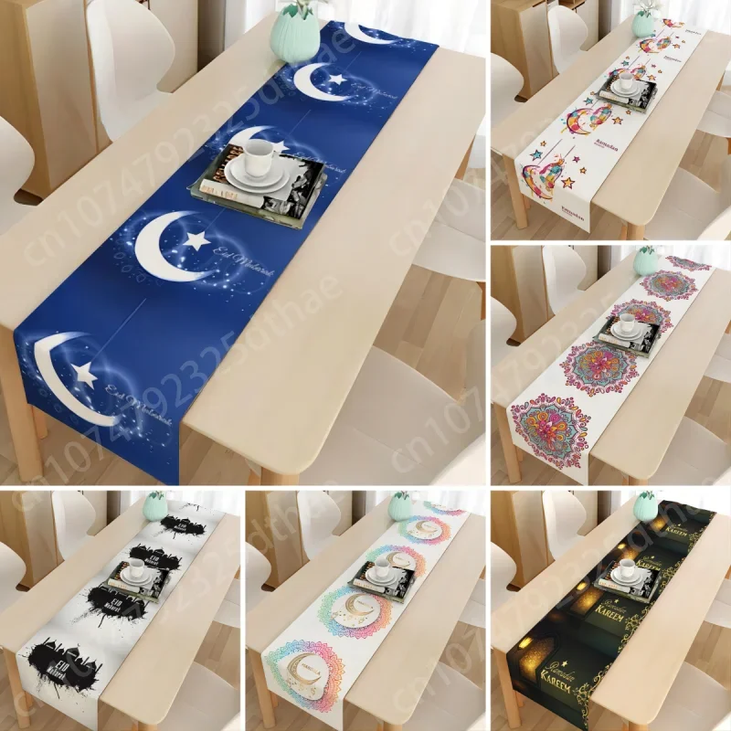

Muslim Tablecloth Linen Rectangle Eid Mubarak Table Runner Cloth Cover Anti-Slip Stain for Dinner Celebrate Party Decor Placemat