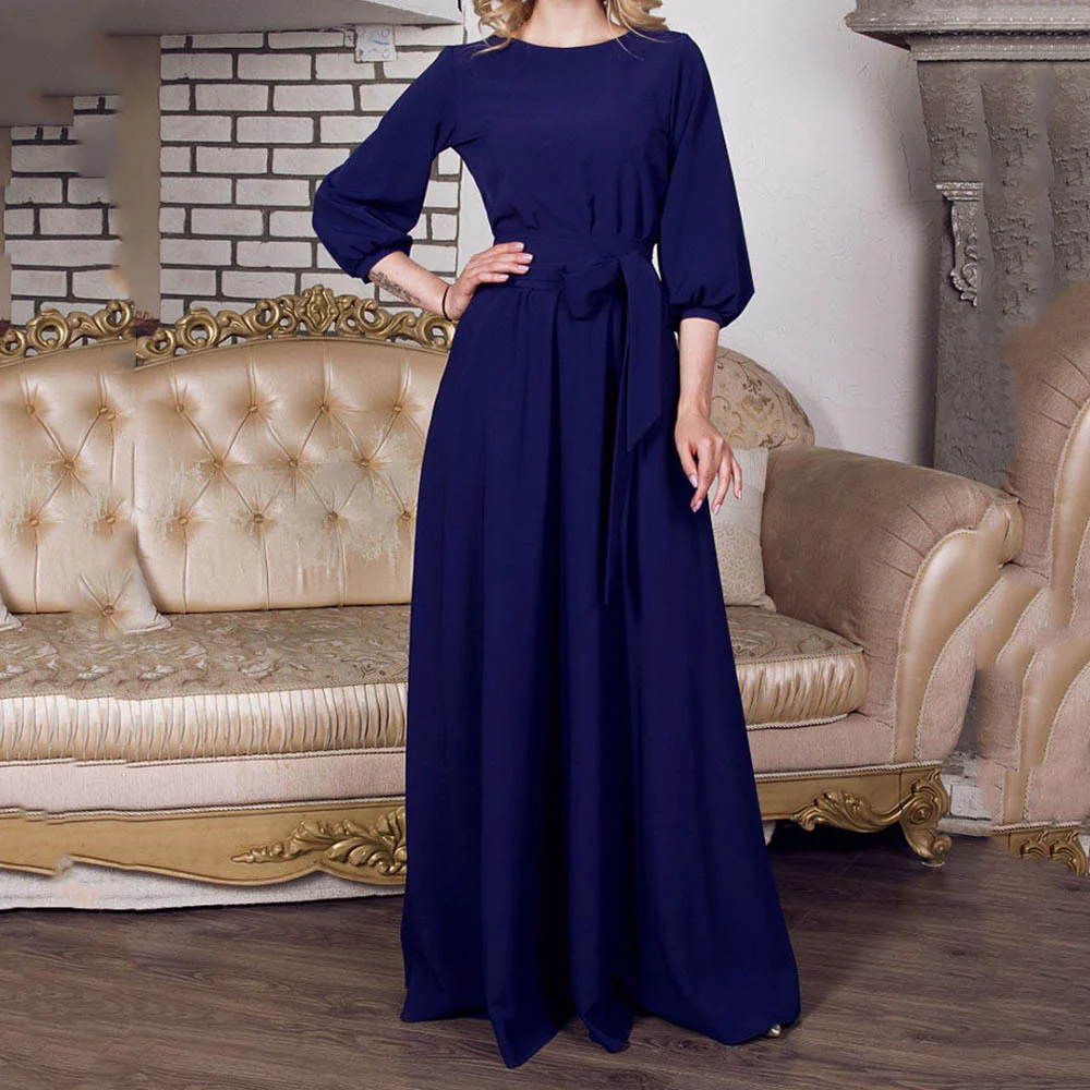 

2023 new elegant print dress, Women's Fashion Style Round Neck Lace up Style Off Shoulder Solid Long Sleeve Dress
