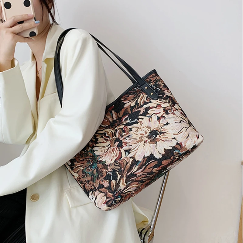 

Vintage Women Floral Shoulder Bag Handbag Square Canvas Tote Style Female Large capacity Embroidered Tote Bag