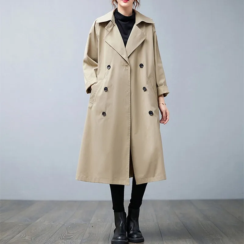 

Office Lady Trench Women Spring and Autumn Fashion Large Size Popular Casual Coats Khaki Double Breasted Long trench Jackets