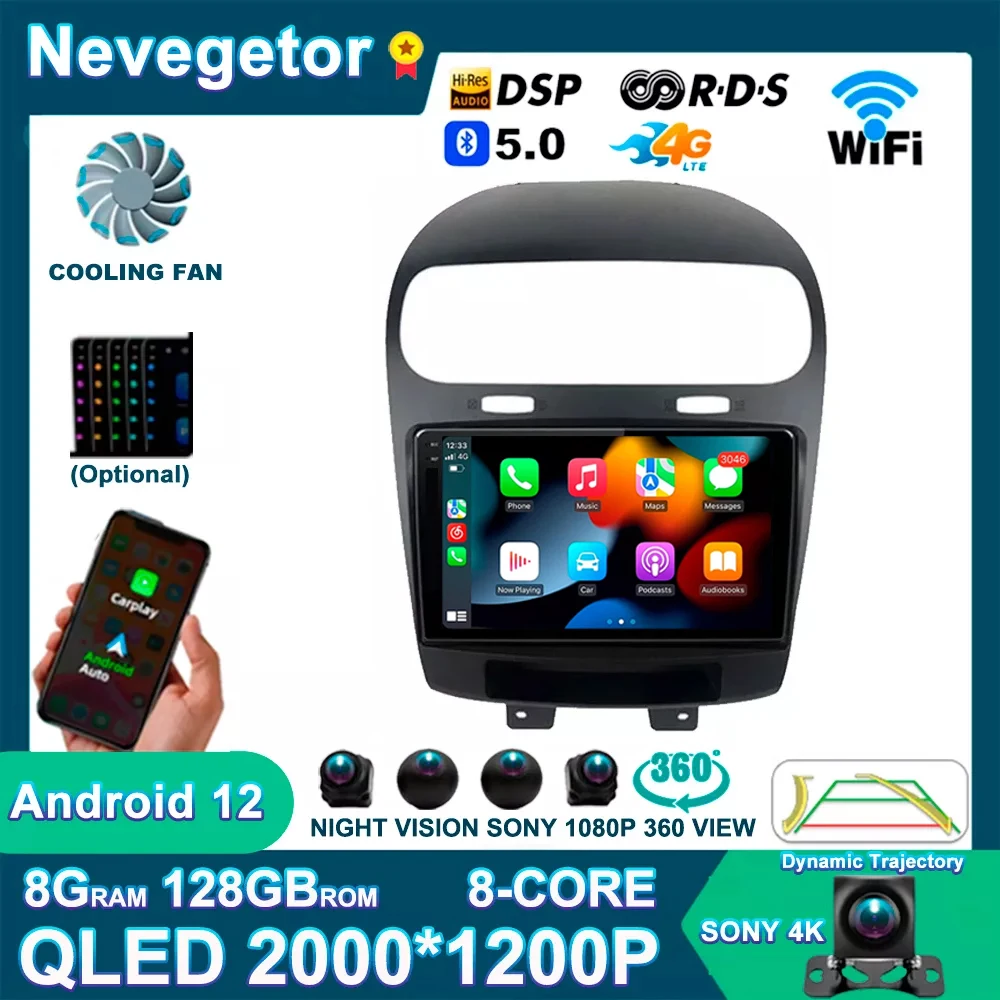 

Автомобильный мультимедийный проигрыватель, плеер 2 Din на Android 12, с 9 "экраном, GPS, для Dodge Journey, Fiat Leap 2012-2020, типоразмер 2 Din