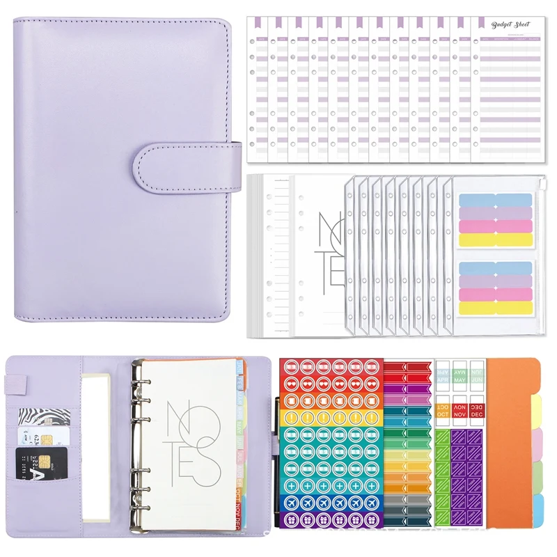 

A6 PU Leather Binder Budget Envelope Planner Organizer Set With Pockets,Expense Budget Sheets And Letter Sticker