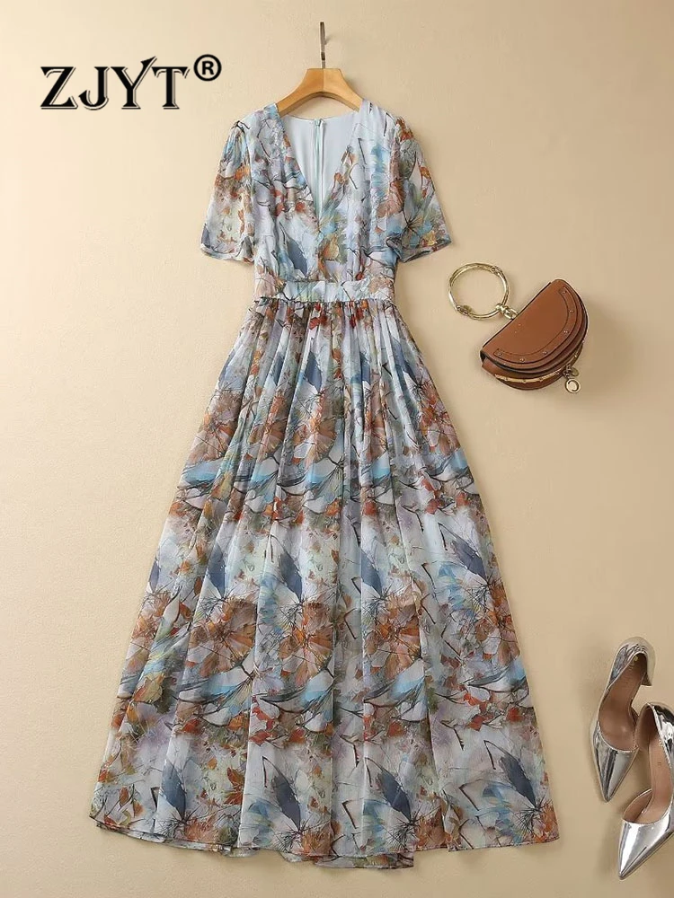 ZJYT Floral Print Chiffon Summer Dresses for Women 2023 Short Sleeve Vestido Feminino Long Robe Maxi Vintage Holiday Elegant New