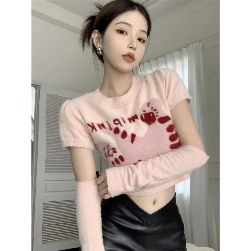 

Antumn Slim Fit Sweet Pink Short Length Sweaters Y2k O Neck Crop Tops Pull Femme Knitted Oversleeve Hotsweet Chic Print
