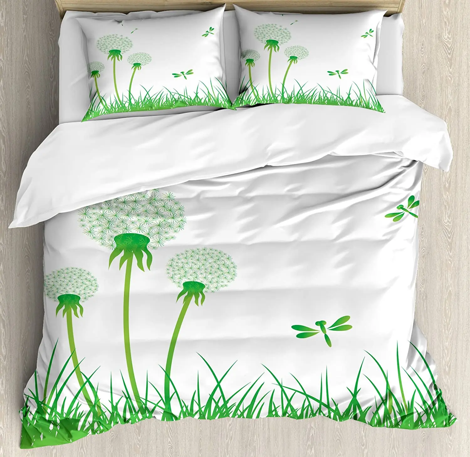 

Dragonfly Bedding Set Comforter Duvet Cover Pillow Shams Ecology Background with Dandelions Greenla Bedding Cover Double Bed Set
