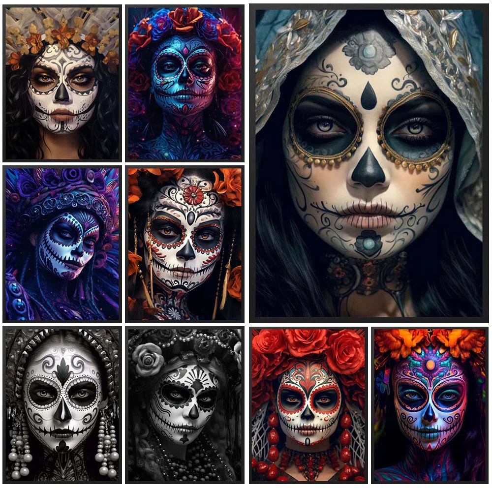 

Mexican Day of the Dead Grimace Girl Woman Poster Wall Art Canvas Painting Home Decor Wall Pictures For Living Room Unframed
