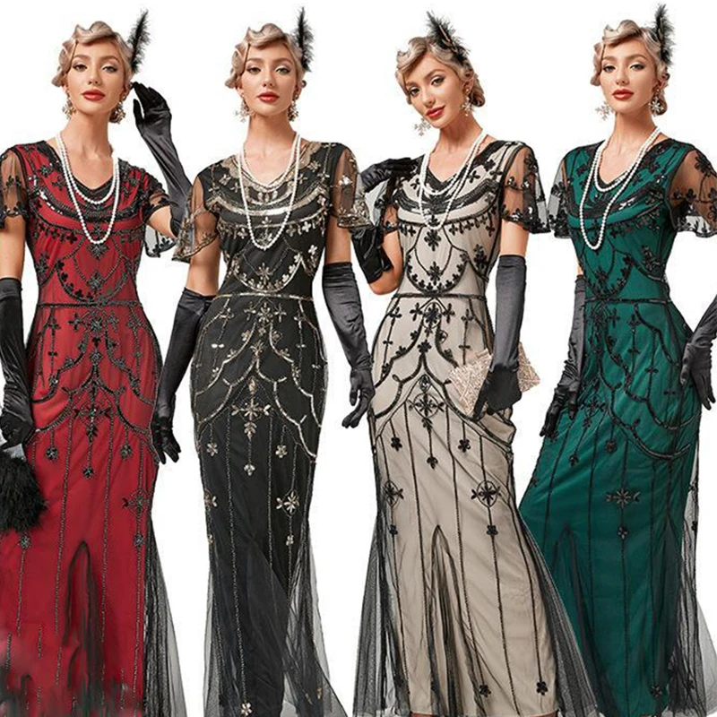 

Plus Size Luxury Anquet Beading Sequin Fashion Short-Sleeved Vintage Long Dress Bridesmaid Dresses Evening New Year Dress