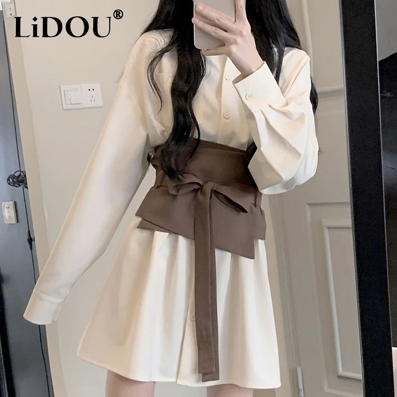 

2023 Japanese Style Clothes Summer Turn-down Collar Solid Color Belt Single Breasted Long Sleeve Midi Dress Women Elegant Dress