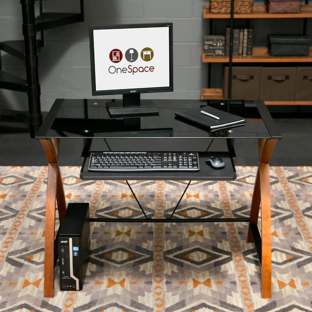 

Glass and Wood Computer Desk with Pullout Keyboard Tray Laptop Standing Desk Computer Table Laptop Stand