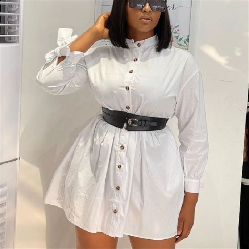 

Mini Dress Women 2022 Fashion Long Sleeve Button Loose Shirt Dress Elegant Office Lady Oversized Solid Casual Women Clothing