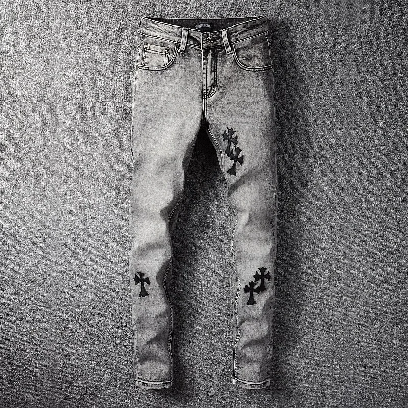 Light Blue Men's Slim Fit Streetwear Pants Fashion Print Pattern Distressed Leather Cross Patches Skinny Stretch Ripped Jeans