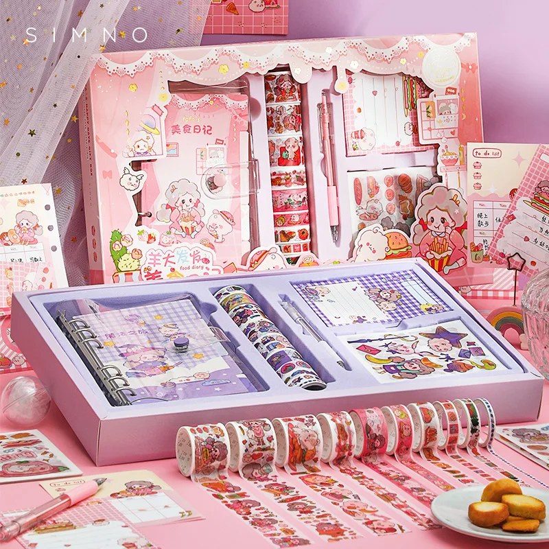DIY Journaling Set Kawaii Notebook Stationery Gift Box with Diary Pen Holder Photo Frame Sticker Tape
