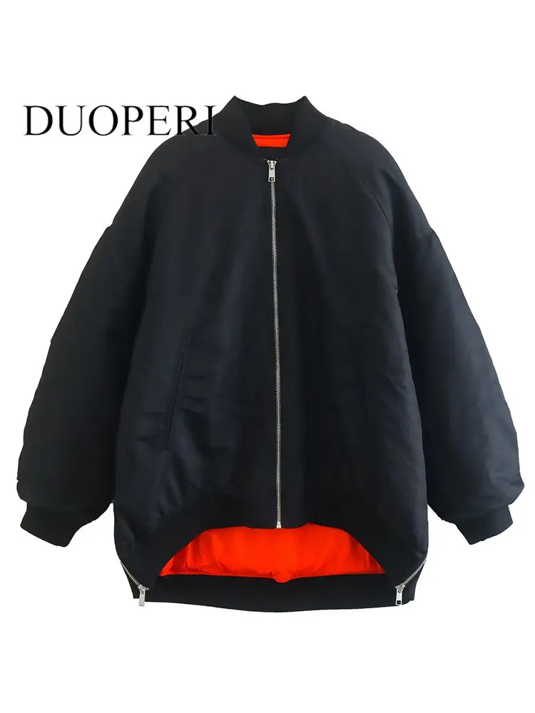 

DUOPERI Women Fashion Oversize Solid Front Zipper Bomber Jackets Vintage O-Neck Long Sleeves Female Chic Lady Top Outfits