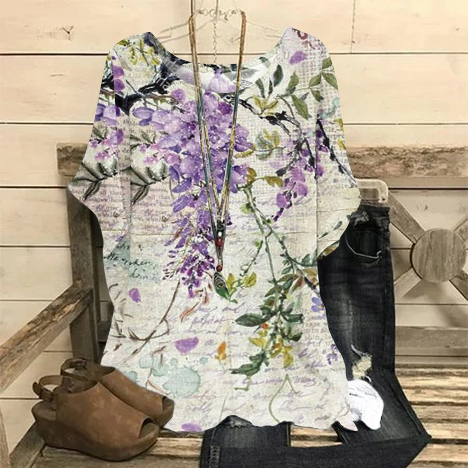 

Women Loose Shirt Linen Neck Shirt Print Sleeve Summer Short Tops T Tunic Casual O Pattern Tops Floral Top Ling Sleeve Shirt