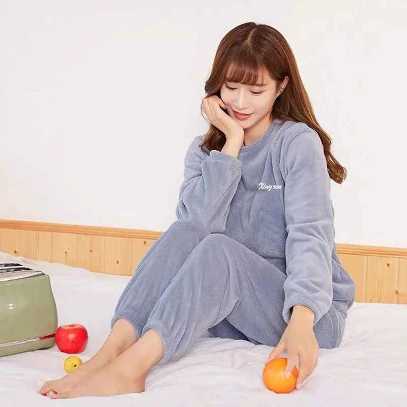 Autumn and winter thickened pajamas set coral fleece casual can be worn outside the home clothes pijama