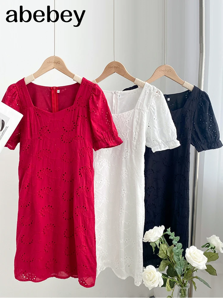 

2022 New Summer V Neck Solid Dress Famale High Waist Vacation Zipper Ladies Hollow Out Beach Slim Sexy Dresses