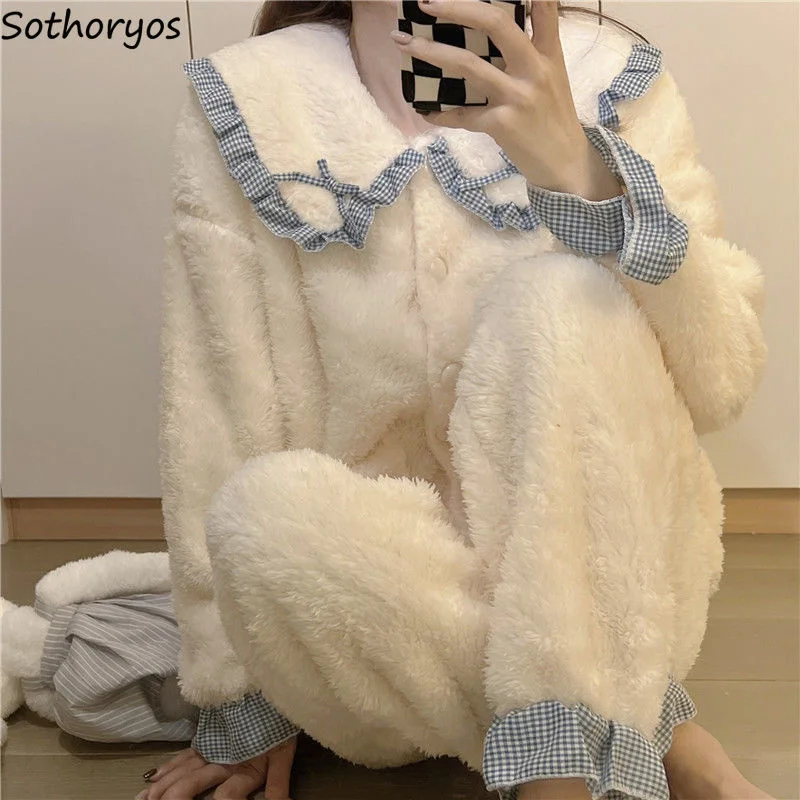 

Pajama Sets Women Sweet Plaid Lacework Bow Warm Coral Fleece Thick Kawaii Cozy Ulzzang Students Lounge Wear Soft Pajamas Mujer