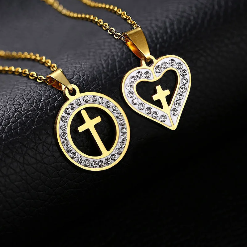 

New Fashion Women's Stainless Steel Rhinestone Heart Round With Cross Pendant Necklace in Gold/Silver Tone 20Inch