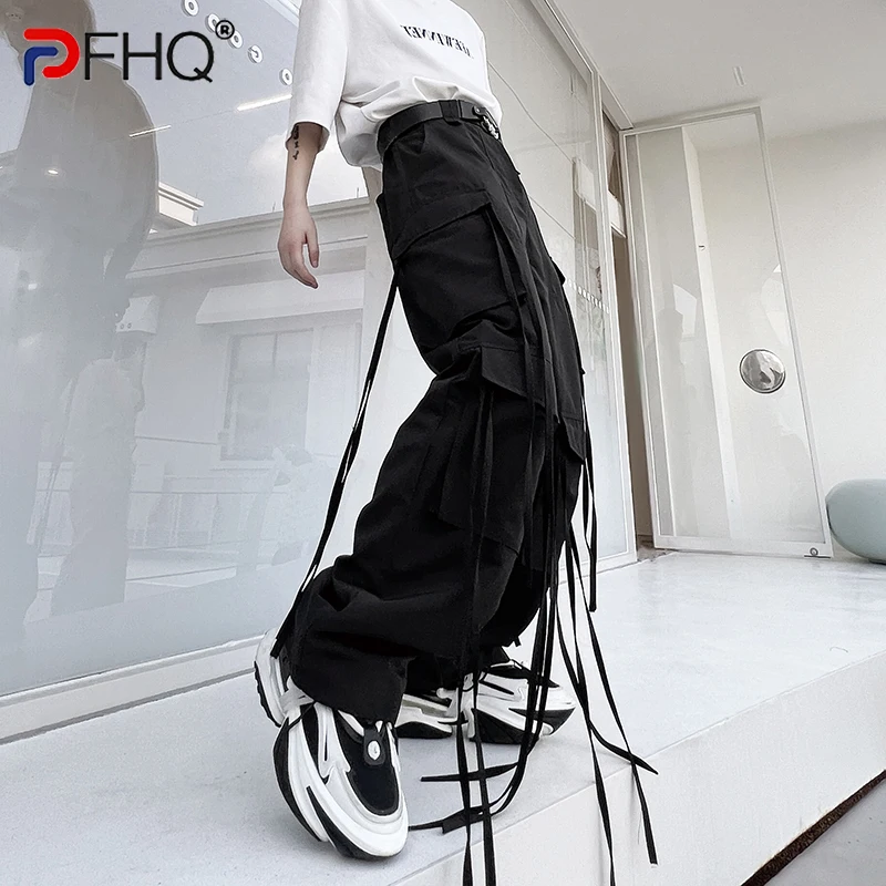 

PFHQ Trendy Ribbon Design High Quality Street Men's Casual Pants Many Pockets Overalls Hiphop 2023 Stylish Spring Male Trousers