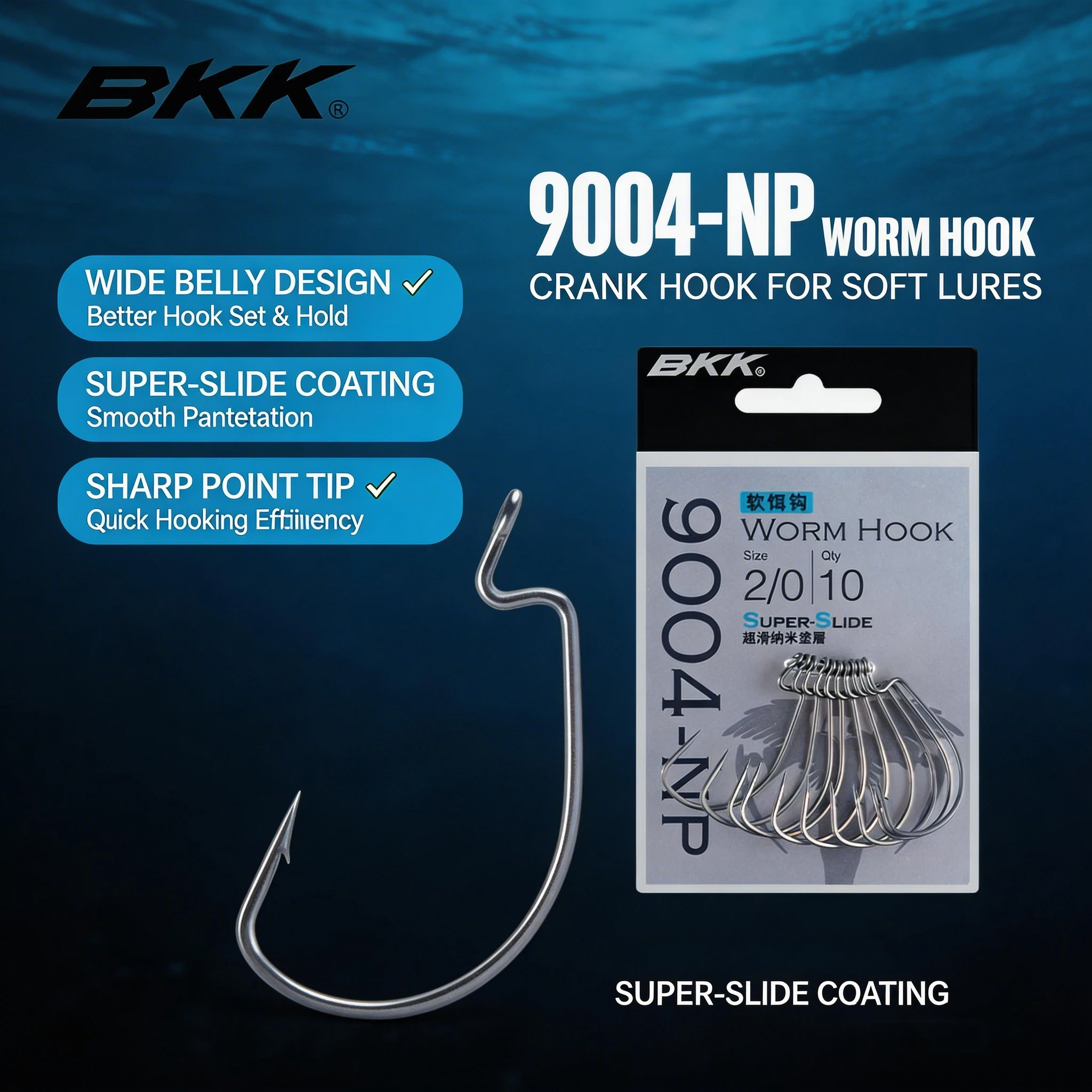 Фото Крючки BKK 9004-NP Offset Worm Hooks с широким зевом, острые, из углеродистой стали, для мягких приманок №1