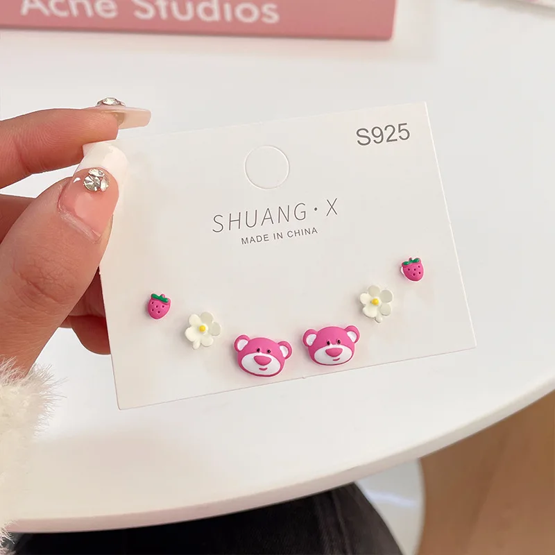 

Pink Cute Bear Hug Strawberry Silver Needle Children's Fun Personality Niche Girl Heart Ear Ring Earrings Jewelry Gifts