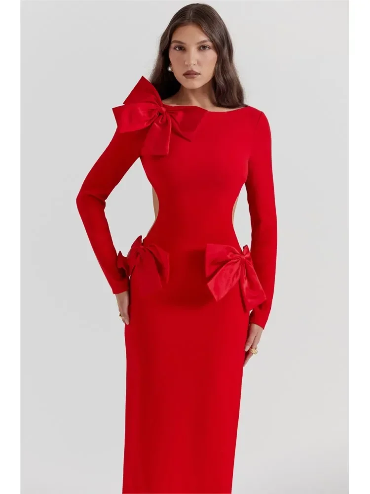 

Fashion Bow Hollow Out Women Red Maxi Dress Elegant O-neck Long Sleeve Split Bodycon Dresses Female Chic Christmas Party Robes