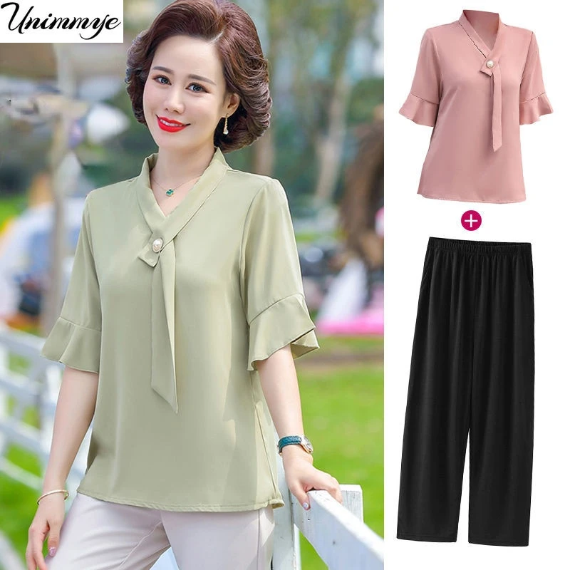 

2022 New Summer Women Short Sleeve Tops+High Waist Wide Leg Pants 2 Piece Set Female Two Piece Suit Chiffon Womens Outfits J473