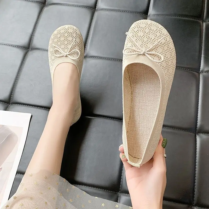 Yellow Knitted Loafers Women's Summer Breathable Flats Woman Slip On Shoes Ultra Light Moccasins Ladies Shallow Shoes With Lace