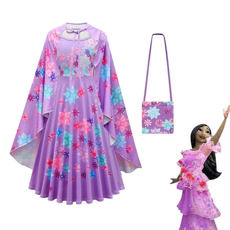 

Isabela Madrigal Cosplay Costume Purple Maxi Dress Long Cloak with Bag Kid Dress Up Outfits for Halloween Fancy Birthday Party