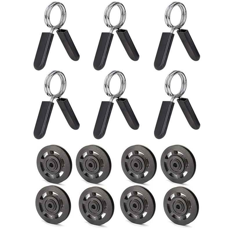 

8Pcs 95Mm Black Bearing Pulley Wheel Cable & 6 Pack 1 Inch (25 Mm) Barbell Clip Clamps-Dumbbell Spring Collars