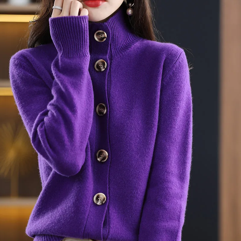 

Autumn And Winter New Cashmere Sweater Ladies Half Turtleneck Solid Color 100% Pure Wool Knitted Cardigan Korean Fashion Top