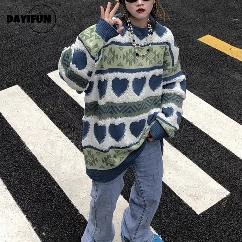 

DAYIFUN Love Jacquard Pullover Sweaters Women Vintage Loose O Neck Embroidery Sweater Japanese Couple Soft Thicken Knit Jumpers