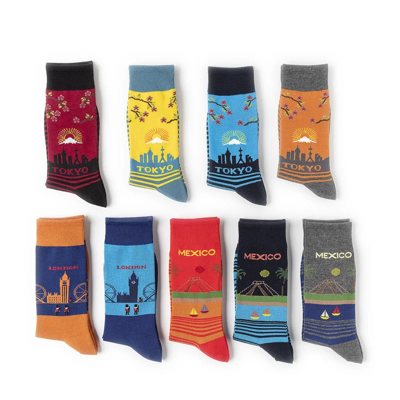 

Peonfly Style Harajuku Combed Cotton Colorful Men Creative Famous City Art Happy Casual Funny Party Dress Crew Socks