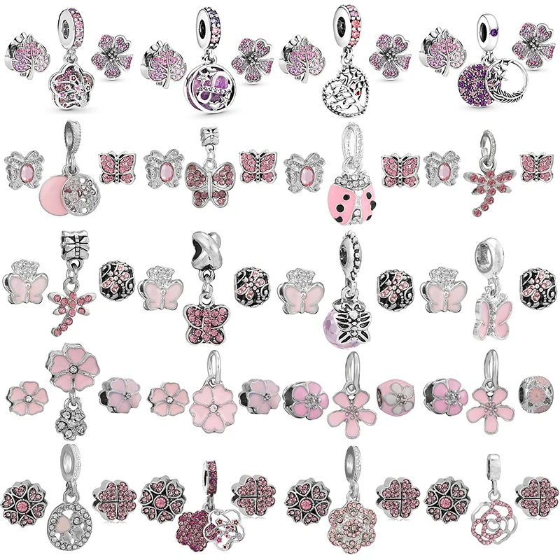 

3Pcs/Lot High Quality Pink Crystal Flower Charms Beads Pendant Fit DIY Brand Charm Bracelets Necklaces For Women Jewelry Making