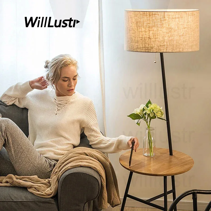 Напольная Лампа lynn с твердым дубовым оформлением скандинавский тканевый оттенок