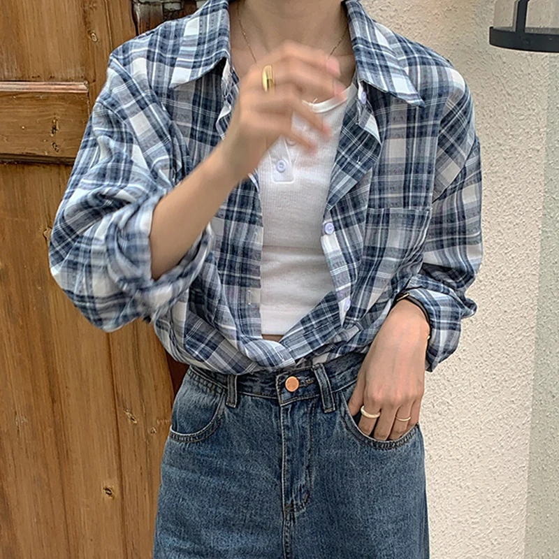 Женские клетчатые рубашки QOERLIN с отложным воротником новинка 2022 однобортная