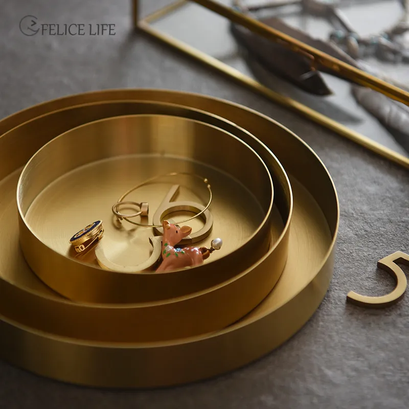 Home Decor Golden Storage Tray Round Jewelry Desktop Display Plate Retro Kitchen Dinner Scissors Organizer |