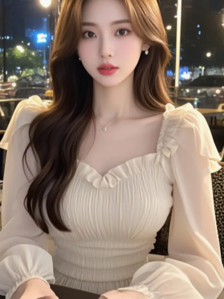 Pure Desire Sle Абрикосовые рубашки с квадратным воротником и оборками длинными