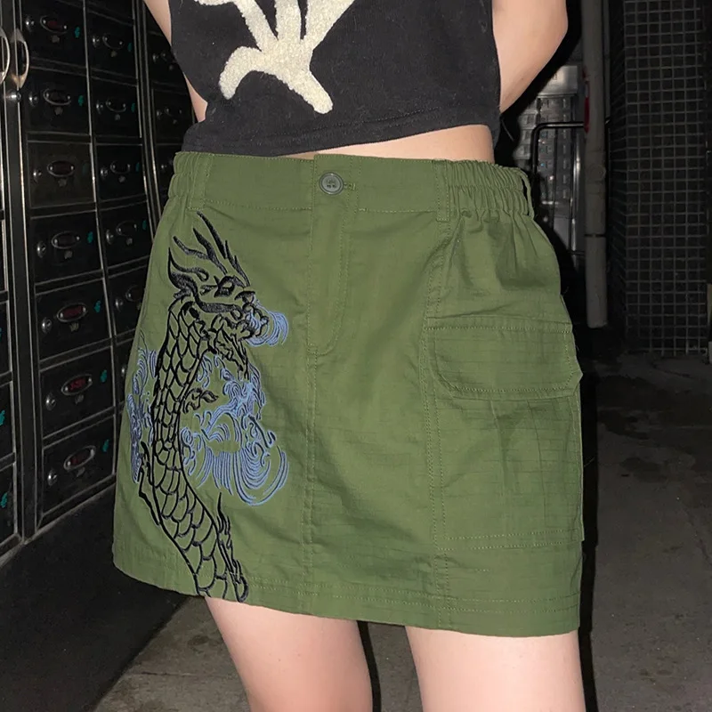 

2022 Summer Y2k Clothes Korean Fashion Green Street Retro Cute Women's Skirts ButtonUp Cotton Dragon Embroidery Mini Short Skirt