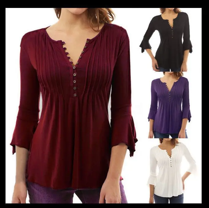 

2022 women's seven-point flared sleeve V-neck large size pleated solid color t-shirt bottoming shirt