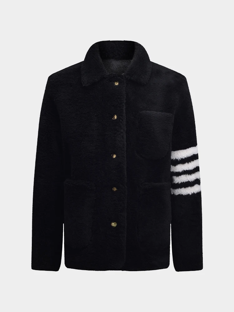 TB THOM Women's Jackets Korean Fashion Brand Winter Coat Turn-Down Collar Stripes Sheep Wool Overcoats Thick Warm Men's Jackets