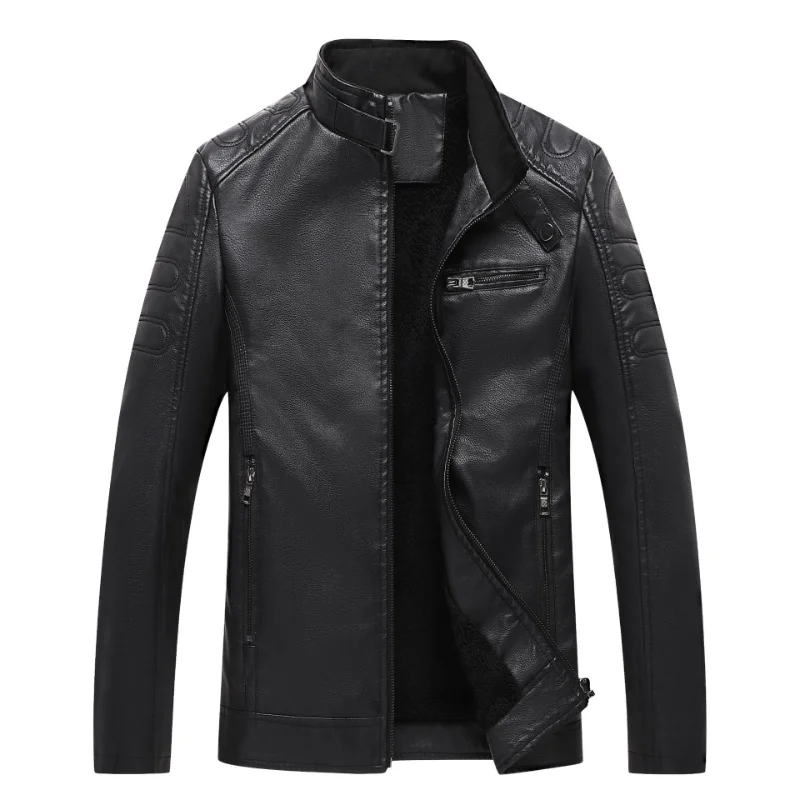 

Куртка мужская кожаная мотоциклетная с воротником-стойкой, приталенное пальто из искусственной кожи, модная однотонная ветровка, Корейская версия, весна-осень