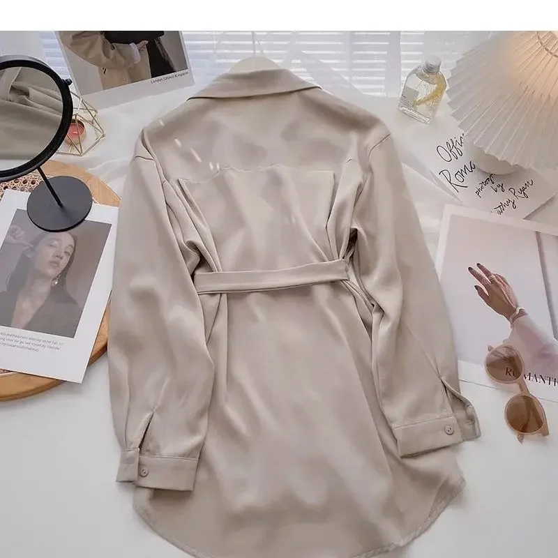 Рубашки женские нежные весенние элегантные однотонные мягкие с поясом