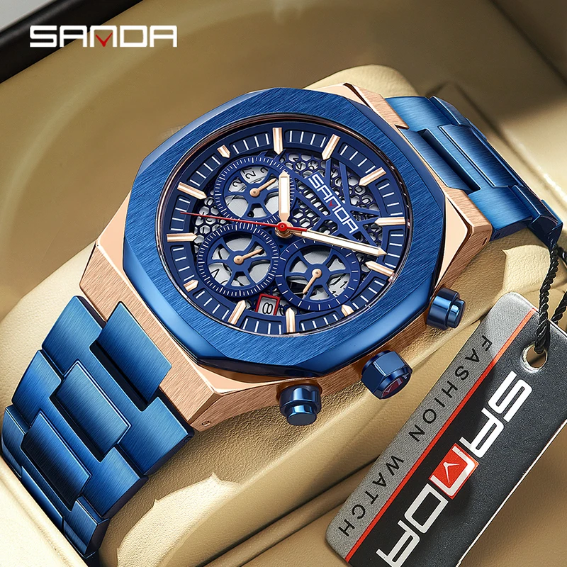 

SANDA New Arrival Men 2023 Trendy Stainless Steel Strap Quartz Movement Chronograph Function Business Calendar Wrist Watch 5505