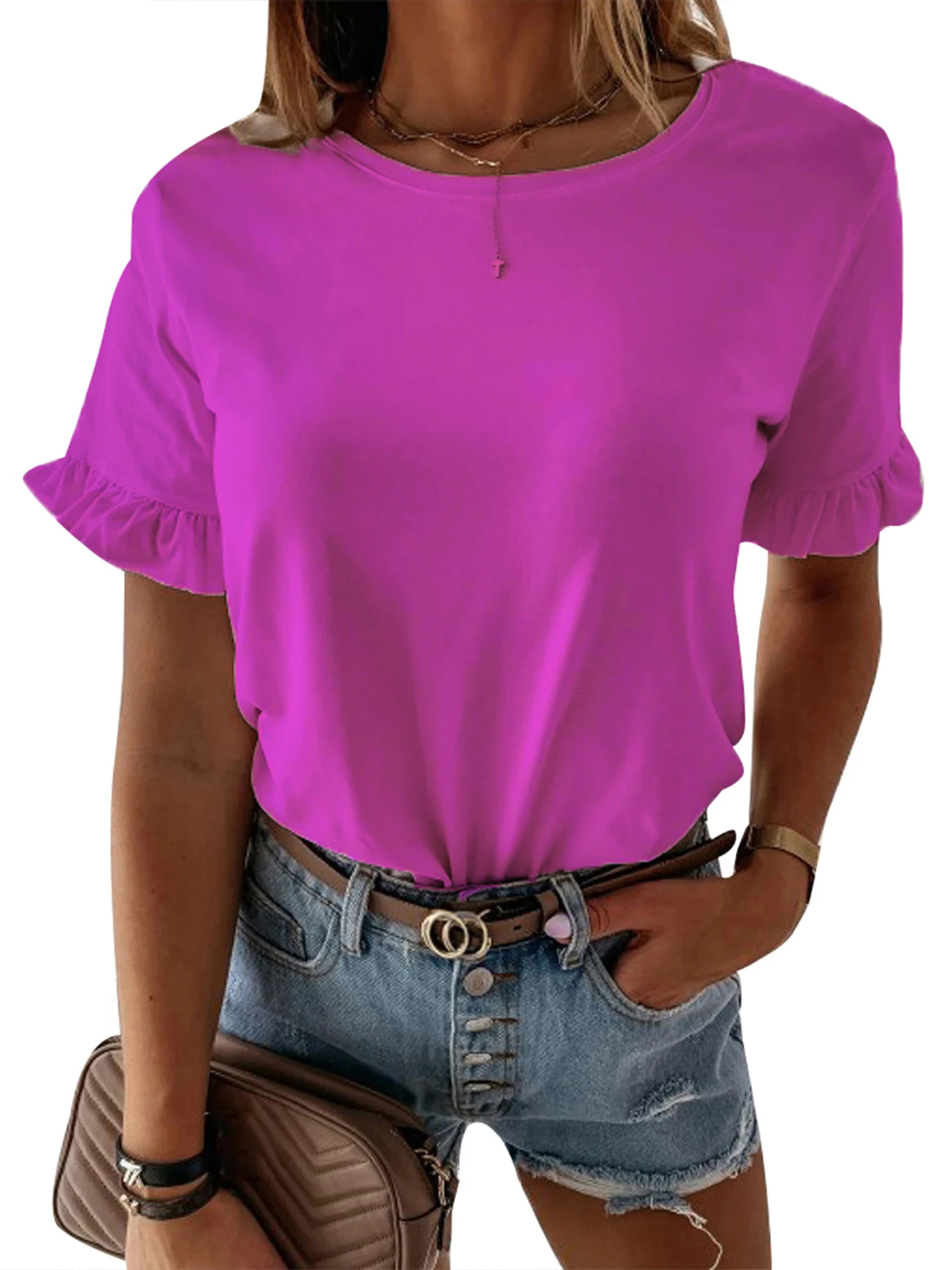 

Fashion Women T-shirt Ruffle Short Sleeve Crew Neck Spring Summer Solid Color Polyester Loose T-shirt Tops Women's Clothing