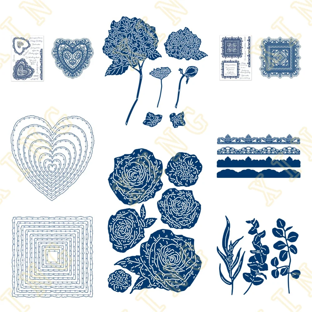 

Hemstitch Square Heart Lovers Old Fashioned Blooming Floral Threads Stamps and Dies New 2022 Scrapbook Diary Decoration Stencil