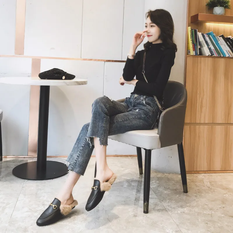 2023 Internet Red Rabbit Hair Baotou Half Tuo Lazy Man Flat Bottom Plush Shoes Plush Slippers~Female Outsiders Wear Muller Shoes