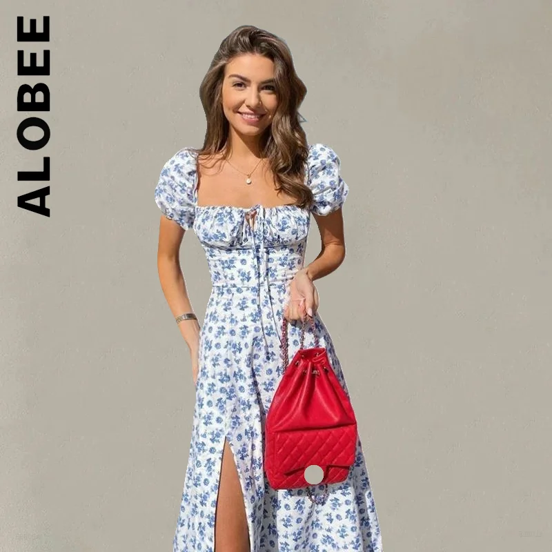 

Alobee Women Fashion Dress Floral Print Puff Sleeve Tie Front High Split Dress Popular Vestidos Dresses Woman Female