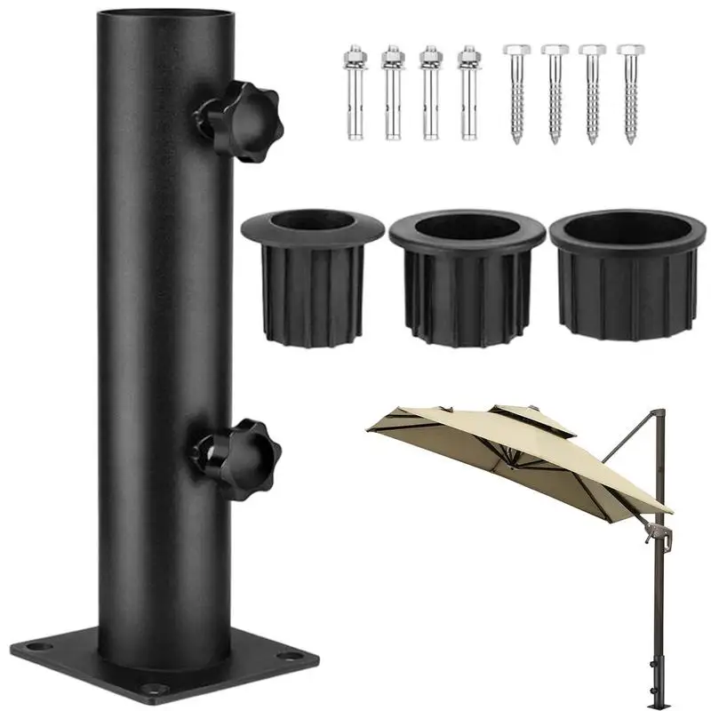 Patio Umbrella Holder Heavy Duty Black Steel Weather Resistant Patio Umbrella Stand Set Adjustable Stable Universal Replacement