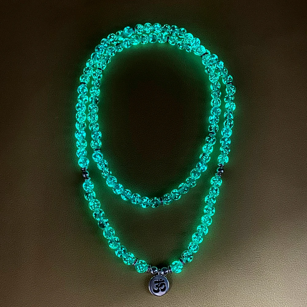 

8mm Blue Beaded 108 Mala Bracelet Meditation Yoga Healing Jewelry With Lotus Charm Women's Bangle,Luminous Bracelet